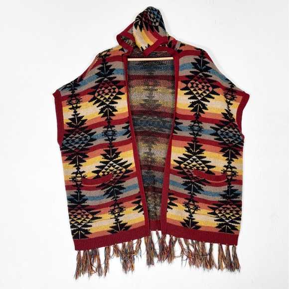 American Eagle Outfitters Jackets & Blazers - American Eagle Aztec Fringe Poncho Sweater Cardigan Vest Womens XS Southwestern